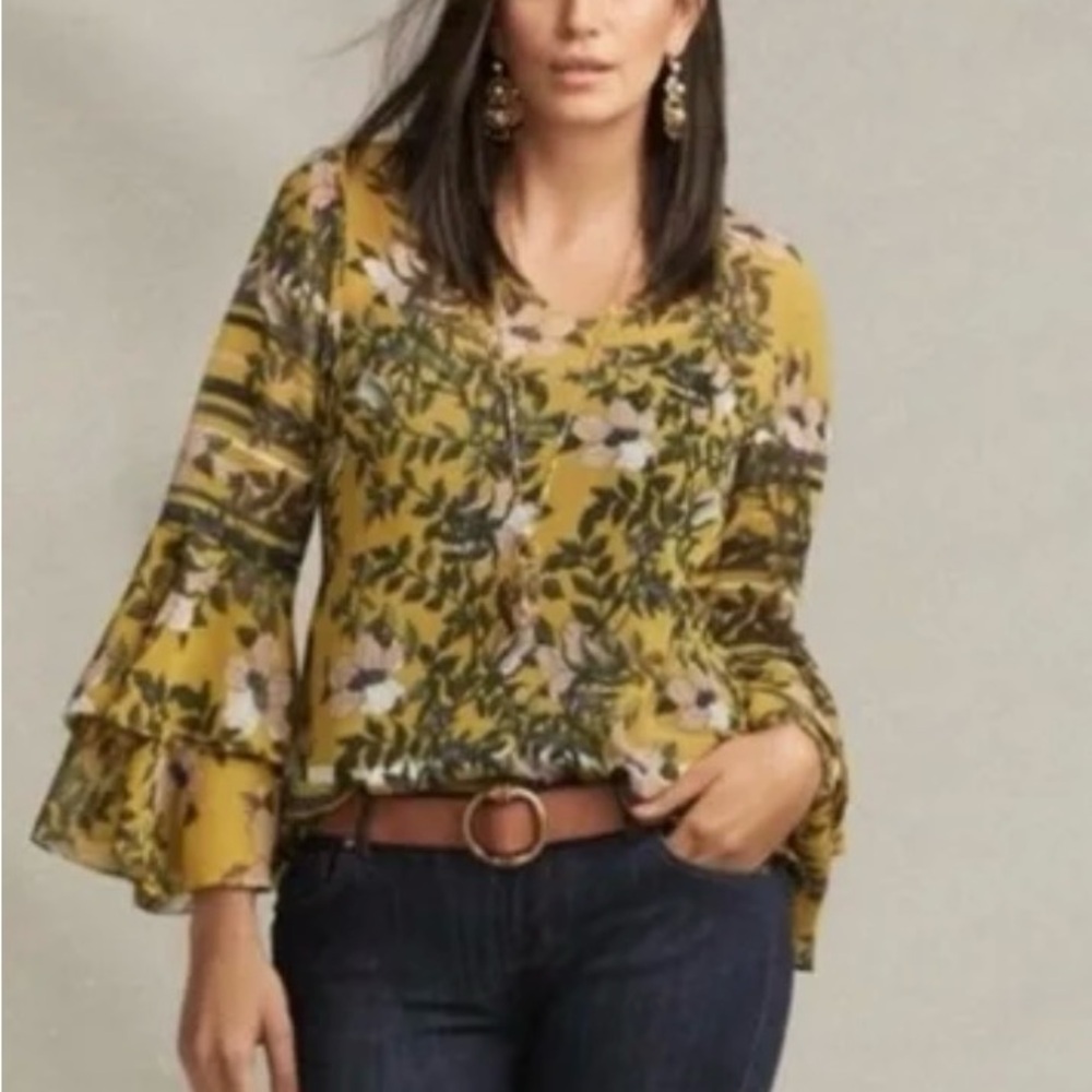 CAbi Yellow Gold Ruffled Bell Sleeve Blouse, CAbi 5518